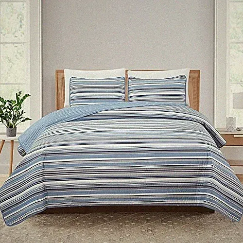 3 Piece Reversible Quilt Set with Shams | All-Season Soft & King Blue / Grey