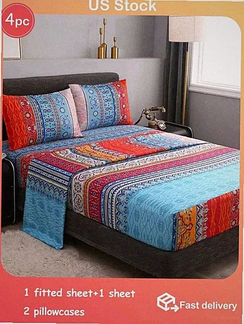 4pcs Bedding Set, Full (1 Bedsheet 1 Bedskirt 2 Pillow Cases