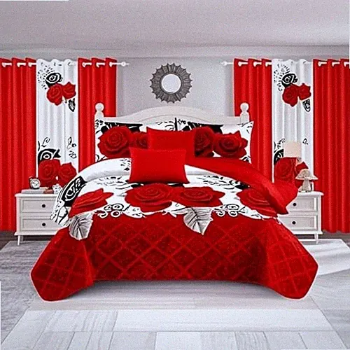 9 Pieces Bedspread Bedding Set with Matching Curtains,Size,Rose King Red
