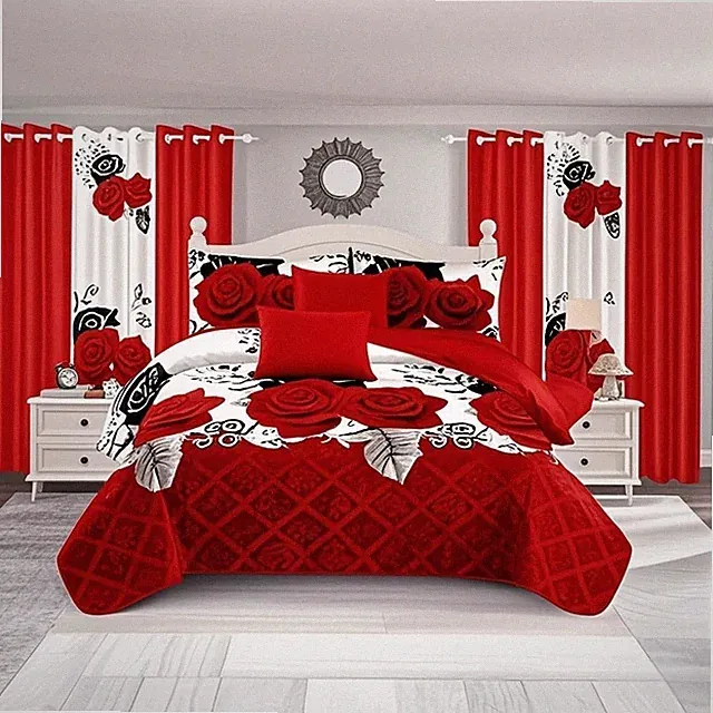 Cal King Red Rose Bedspread Set with Curtains, Quilted & Machine Washable