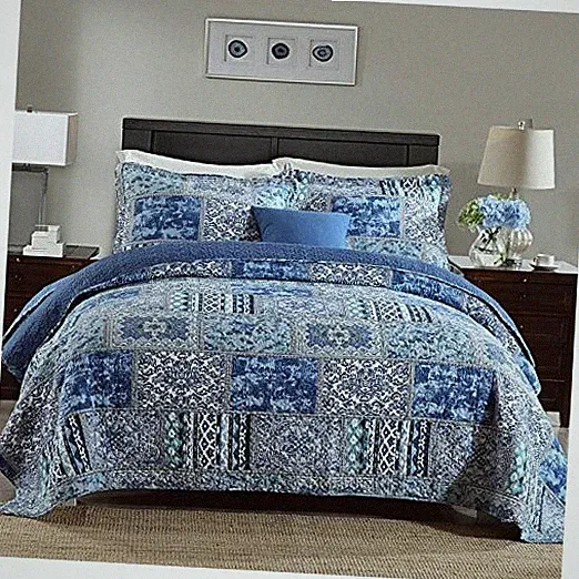 Cotton Bedspread Quilt Sets-Reversible Patchwork Queen Blue Classic Bohemian