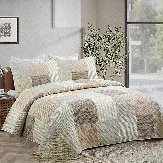 Earth Tone Brown Beige Stripe Checker Patchwork Cotton Reversible Quilt Bed Set