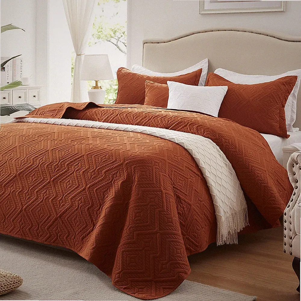 Full/Queen Quilt Set 3 Pieces, Lightweight Burnt Orange/Rust Bedspread-90''x9...