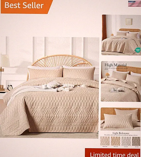 King/Cal King Size Quilt Bedding Set,Beige Lightweight Microfiber Soft Bedspr...