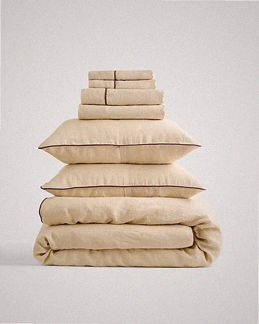QUINCE EUROPEAN LINEN PIPED DUVET COVER SET KING IN OAT / WITH ESPRESSO TRIM