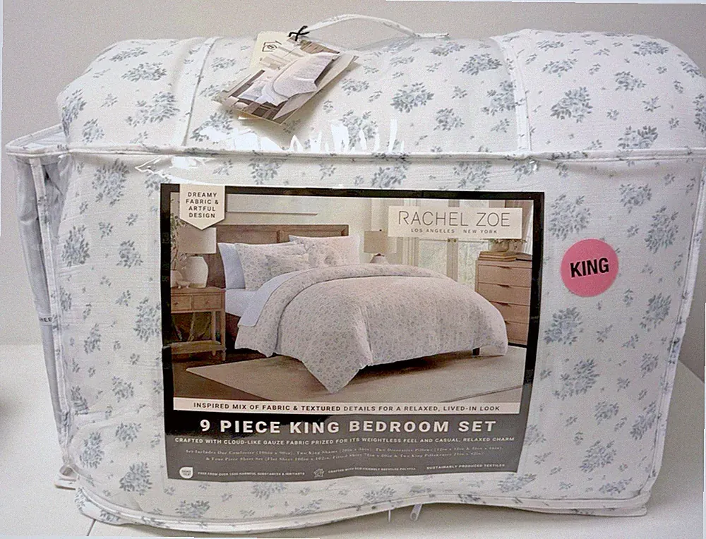 Rachel Zoe | King | White Blue | 9 Piece Floral Bedroom Comforter Set