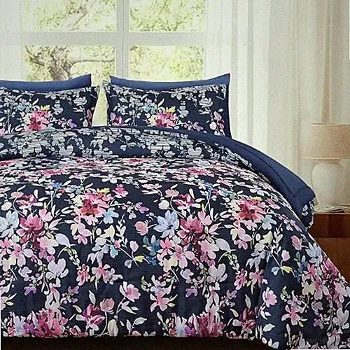 Size Comforter Set, 7 Pieces Floral Comforter Set, Bed in a Bag King Navy Blue
