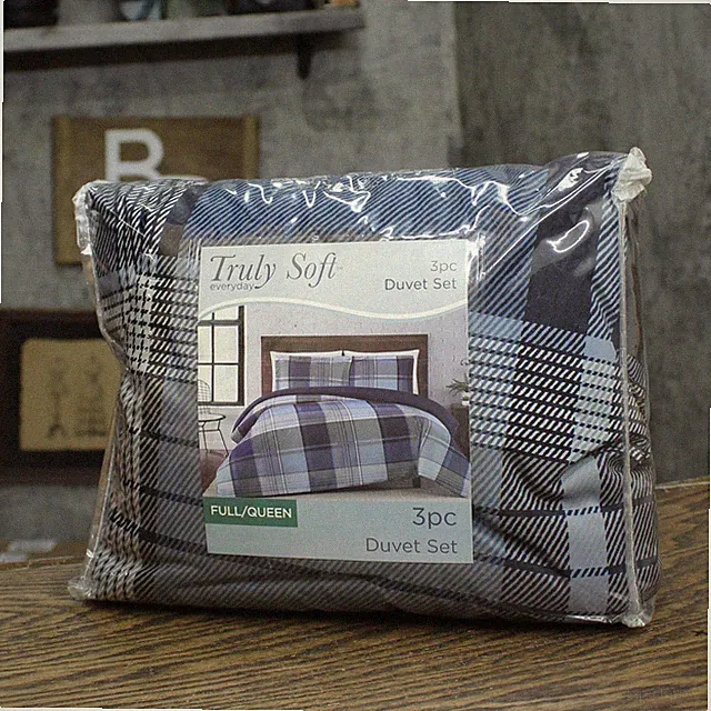 Truly Soft Trey Plaid Polyester 3-Piece Duvet Set Multicolor Blue Full/Queen