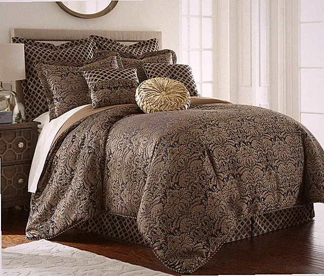 Valencia 9-piece Black Gold Floral Jacquard Comforter Set Oversized Bedding Set